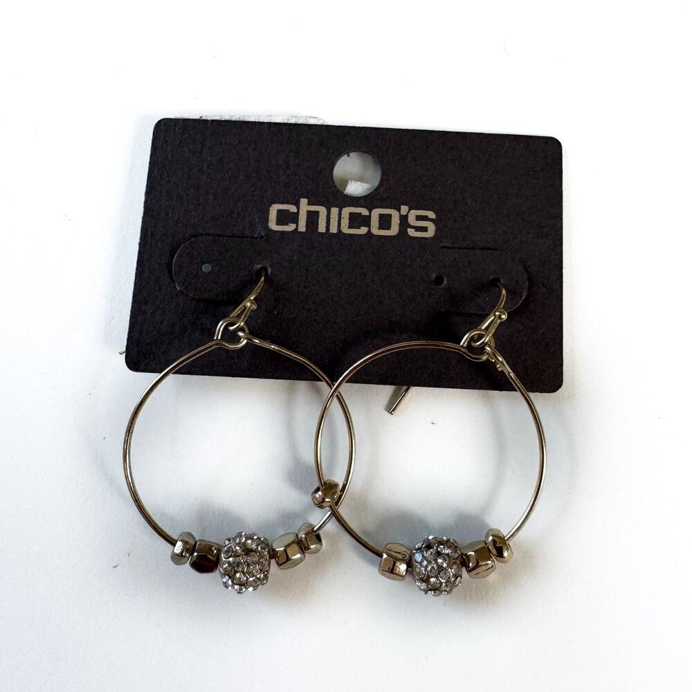New on Card Chico's Gold Tone Hoop Earrings Rhinestone Ball Bead Dangle Boho